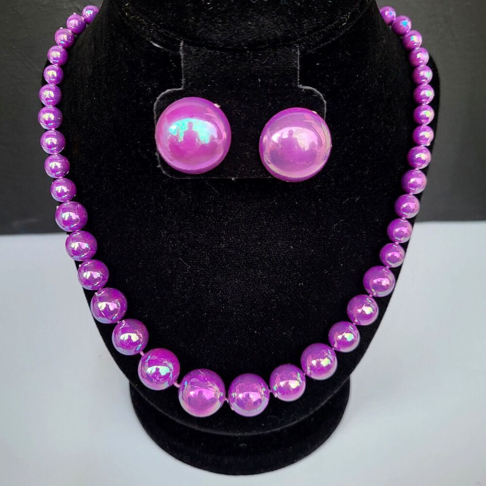 Vintage Demi Parure 90s Acrylic Purple AB Graduated Bead Necklace 24 in
